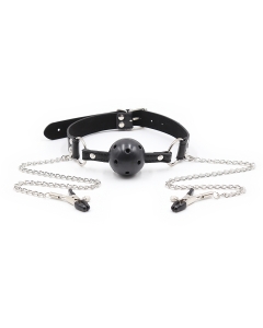 Ball Gag with Nipple Clamps Black