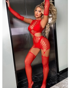 Bodystocking Ouvert with Gloves S/L - Red